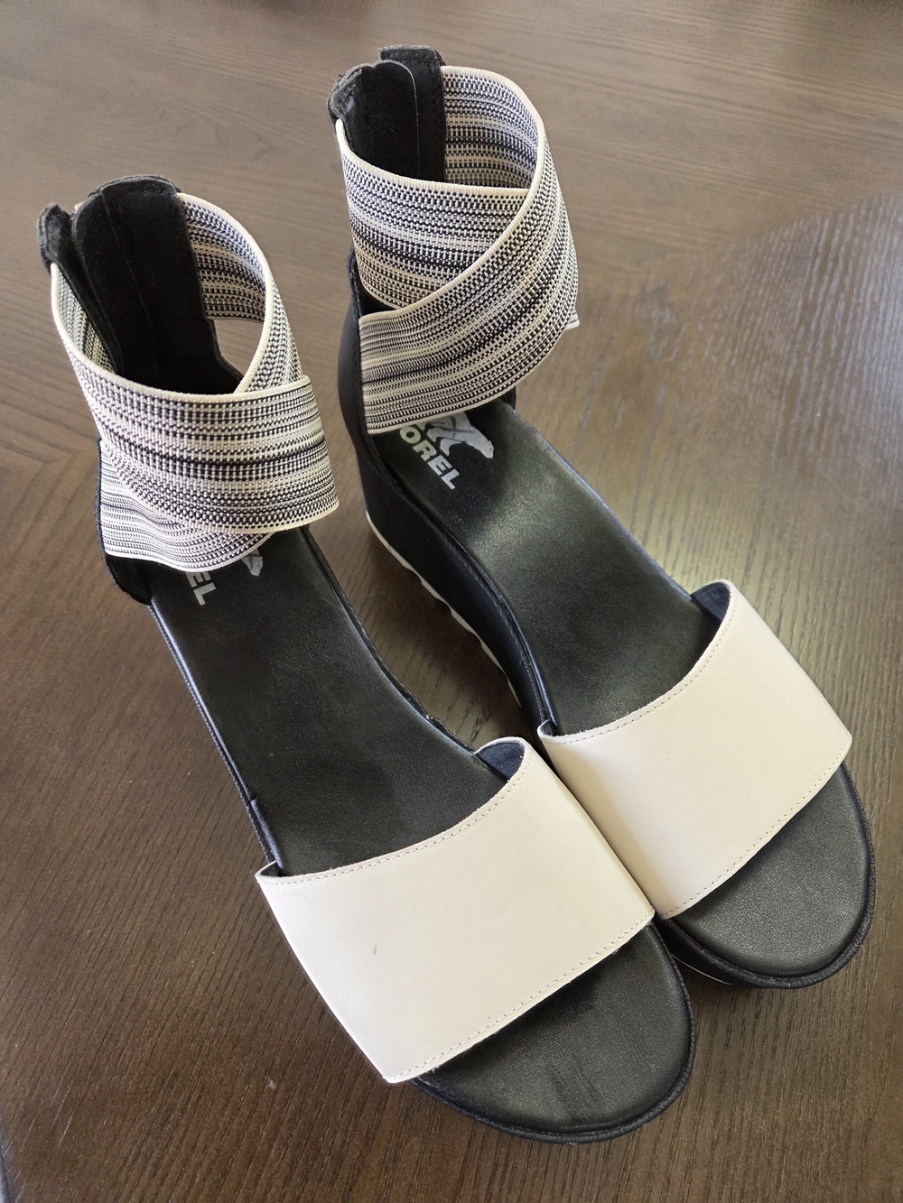 Sorel Women's Black and Cream Wedge Sandals with Elastic Ankle Wrap Size 10.5